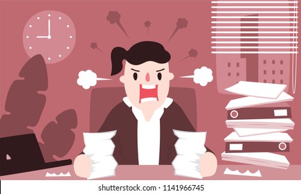 Illustration vector flat cartoon of young Asian businesswoman working at office on desk in room. Woman who is boss angry and break up on fail or wrong paperwork document from employees