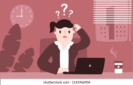 Illustration vector flat cartoon of young Asian businesswoman working at office on desk in room. Woman  confuse and doubt study on using computer at work.