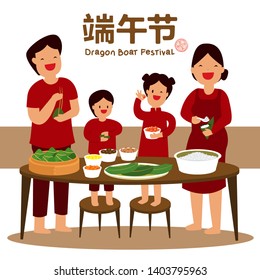 Illustration vector flat cartoon of zongzi or Chinese stick rice dumpling making on table on dragon boat festival 