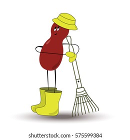 Illustration vector flat character Mr. Beans is resting with rake after garden work
