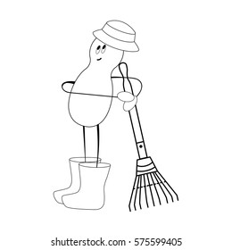 Illustration vector flat character Mr. Beans is resting with rake after garden work, black and white
