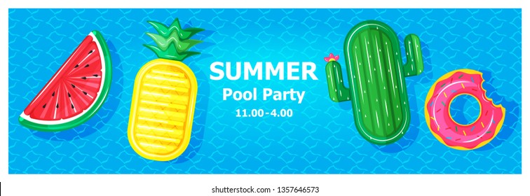 Illustration Vector Flat Cute Cartoon Of Inflatable Or Float On Invitation Card Summer Pool Party Concept 