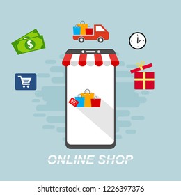 Illustration of vector flat design business composition with online shop