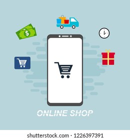 Illustration of vector flat design business composition with online shop