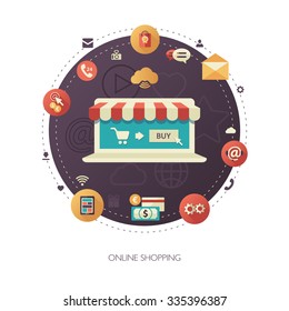Illustration of vector flat design business composition with online shop