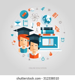 Illustration of vector flat design education composition with icons, students and infographics elements