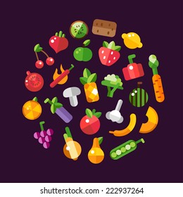 Illustration of vector flat design fruits and vegetables icons composition