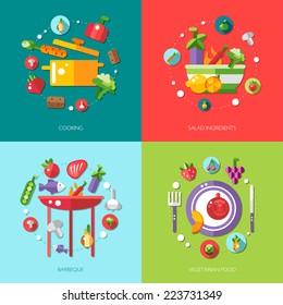 Illustration of vector flat design fruits and vegetables icons composition
