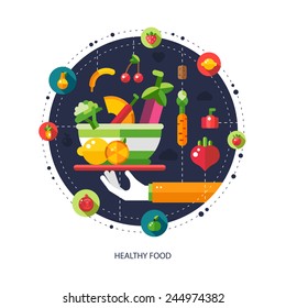 Illustration of vector flat design fruits and vegetables icons composition