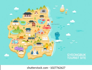 Illustration of vector flat design postcard with famous Korea landmarks icons on the map	
