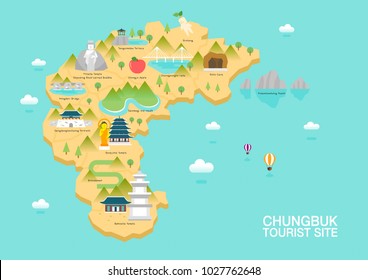 Illustration of vector flat design postcard with famous Korea landmarks icons on the map	
