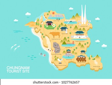 Illustration of vector flat design postcard with famous Korea landmarks icons on the map	
