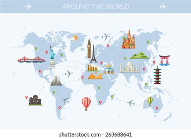 Illustration of vector flat design postcard with famous world landmarks icons on the map svg