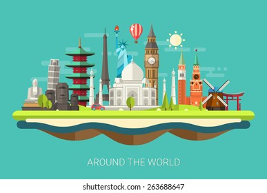 Illustration  of vector flat design postcard with famous world landmarks icons svg