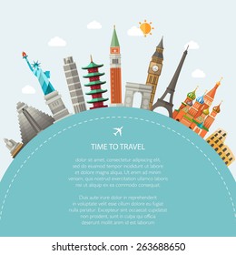 Illustration  of vector flat design postcard with famous world landmarks icons