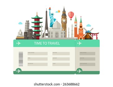 Illustration  of vector flat design postcard with famous world landmarks icons