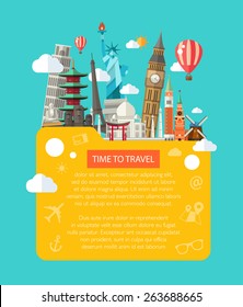 Illustration  of vector flat design postcard with famous world landmarks icons