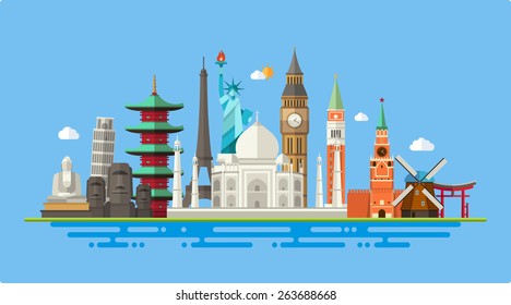 Illustration of vector flat design postcard with famous world landmarks icons