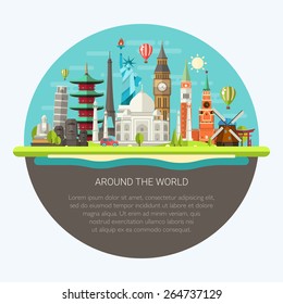 Illustration  Of Vector Flat Design Postcard With Famous World Landmarks Icons