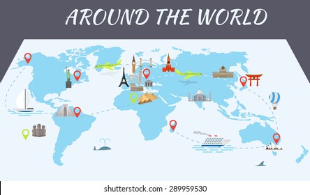 Illustration of vector flat design postcard with famous world landmarks icons on the map