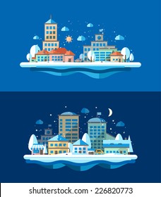 Illustration Of Vector Flat Design Urban Winter Landscape Compositions