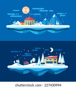 Illustration of vector flat design urban winter landscape compositions