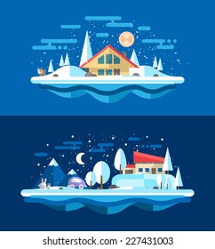 Illustration of vector flat design urban winter landscape compositions