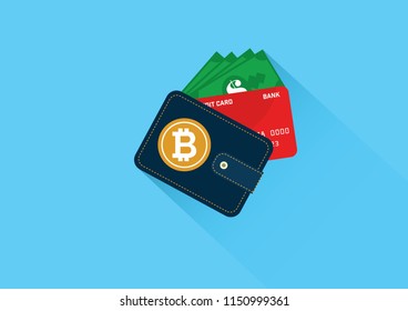 Illustration vector: Flat design wallet include bitcoin, credit card and cash