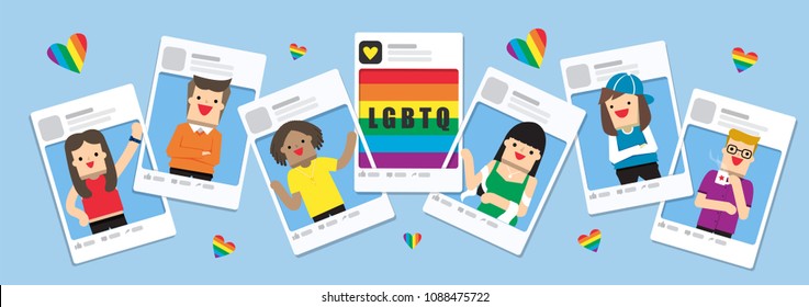 Illustration vector flat of diversity young people isolated together on social media frame post as diverse sex concept