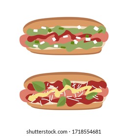 Illustration vector flat hot dog. Street food. Sausage.