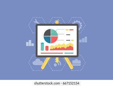 Illustration, vector, flat icon, flat design, business, smart phone, mobile phone, corporate, company, magnifying glass, search, cloud, network, material, graph, record, easel