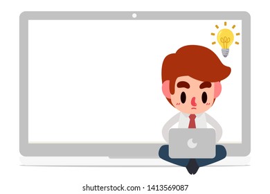 Illustration vector flat image  Businessman or manager having ideas laptop vector illustration 