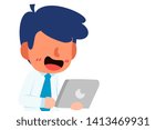 Illustration vector flat image. Handsome Businessman or manager smiling pleasant face typing email laptop. 