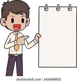 Illustration vector flat image Portrait of a young businessman or manager holding white blank placard against an orange backdrop isolated background