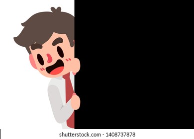 Illustration vector flat image Smiling young businessman peeking from the black placard  isolated background 