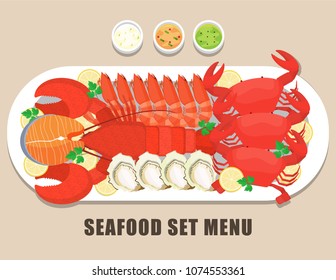 Illustration vector flat isolated of boiled mixed seafood platter on table top view at market or restaurant set menu with sour cream or sauce side dishes. Salmon fish,lobster,shrimp,crab,oyster shell