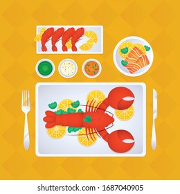 Illustration vector flat isolated of boiled mixed seafood platters on table top view at market or restaurant set