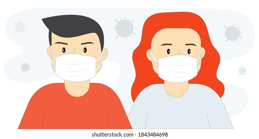 Illustration vector flat line cartoon of man and woman on virus backgorund.