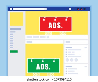 Illustration vector flat of social media website and advertising on page as concept