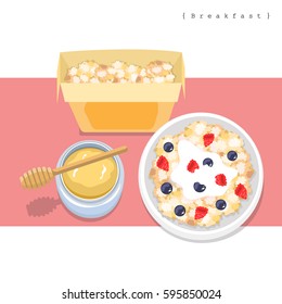 Illustration vector flat style of cereal box , cereal in bowl with honey isolated on table background.