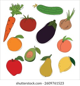 Illustration, vector, flat style, lineart, vegetables, fruits