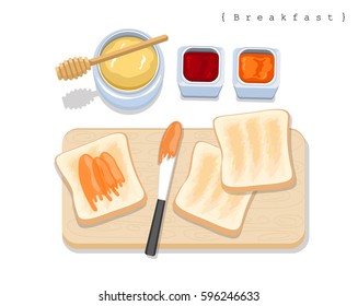Illustration vector flat style of toast with honey and jam isolated on white background.