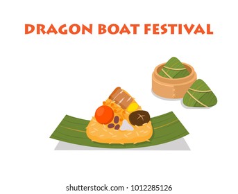 Illustration vector flat style of Zongzi for dragon boat festival, dim sum Chinese dumping rice on bamboo leaf. Isolated on white background. For Ingredient  and recipe presentation