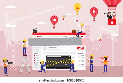 Illustration vector flat video website interface under construction and happy workers building web page together with city background