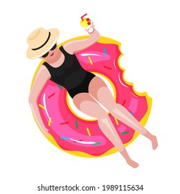 Illustration vector flat of woman lying and drinking cocktail on pink donut inflatable ring isolated on white background