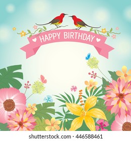 Illustration of vector flowers meadow background with pink ribbon and couple birds for happy birthday card.