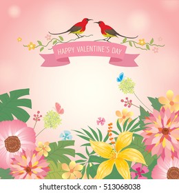Illustration of vector flowers meadow background with pink ribbon and couple birds for valentine's day card.