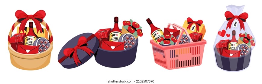 illustration vector of food candy and drink in valentine's day gift box set for couple love celebration object isolated on white background. Gift for her or him.