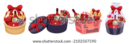 illustration vector of food candy and drink in valentine's day gift box set for couple love celebration object isolated on white background. Gift for her or him.