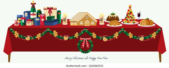 Illustration vector food and dessert on table on merry christmas party concept. Isolated mince pie, christmas tree fruits,traditional pudding,fruit cake on plate,pile of gifts,mulled wine,decoration